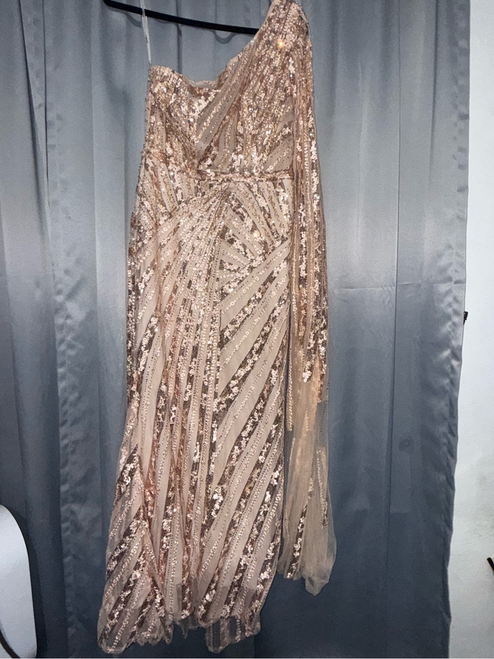Mac Duggal One-Shoulder Rose Gold Sequin Gown